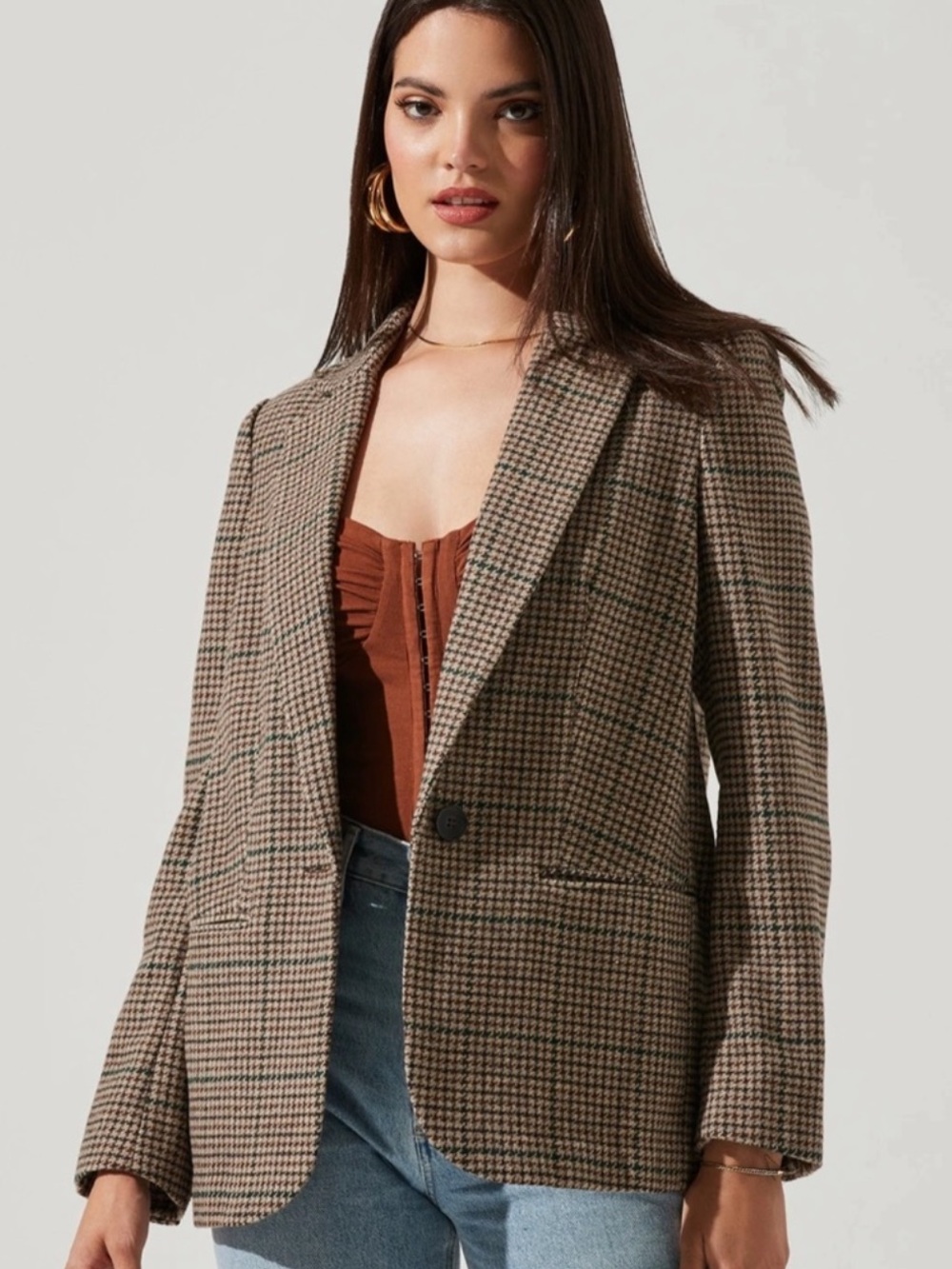 ASTR The Label Harlow Blazer Brown Green Plaid Oversized XS Wool Blend Coat - Picture 3 of 16